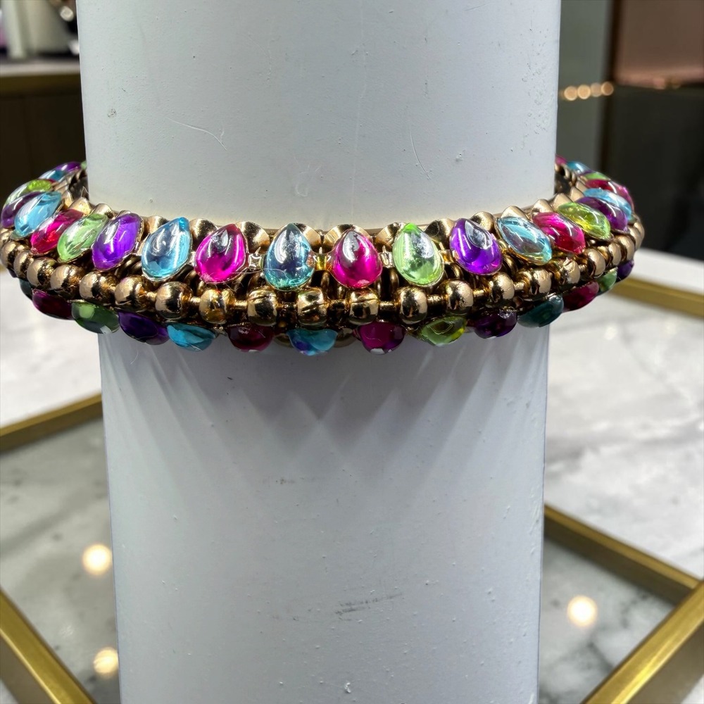 Multicolor Teardrop Bangle Bracelet Gold Tone Y2K Boho Statement Jewel Tone 7.5"